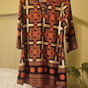 Geometric Patterned Women's Top - Orange and Black
